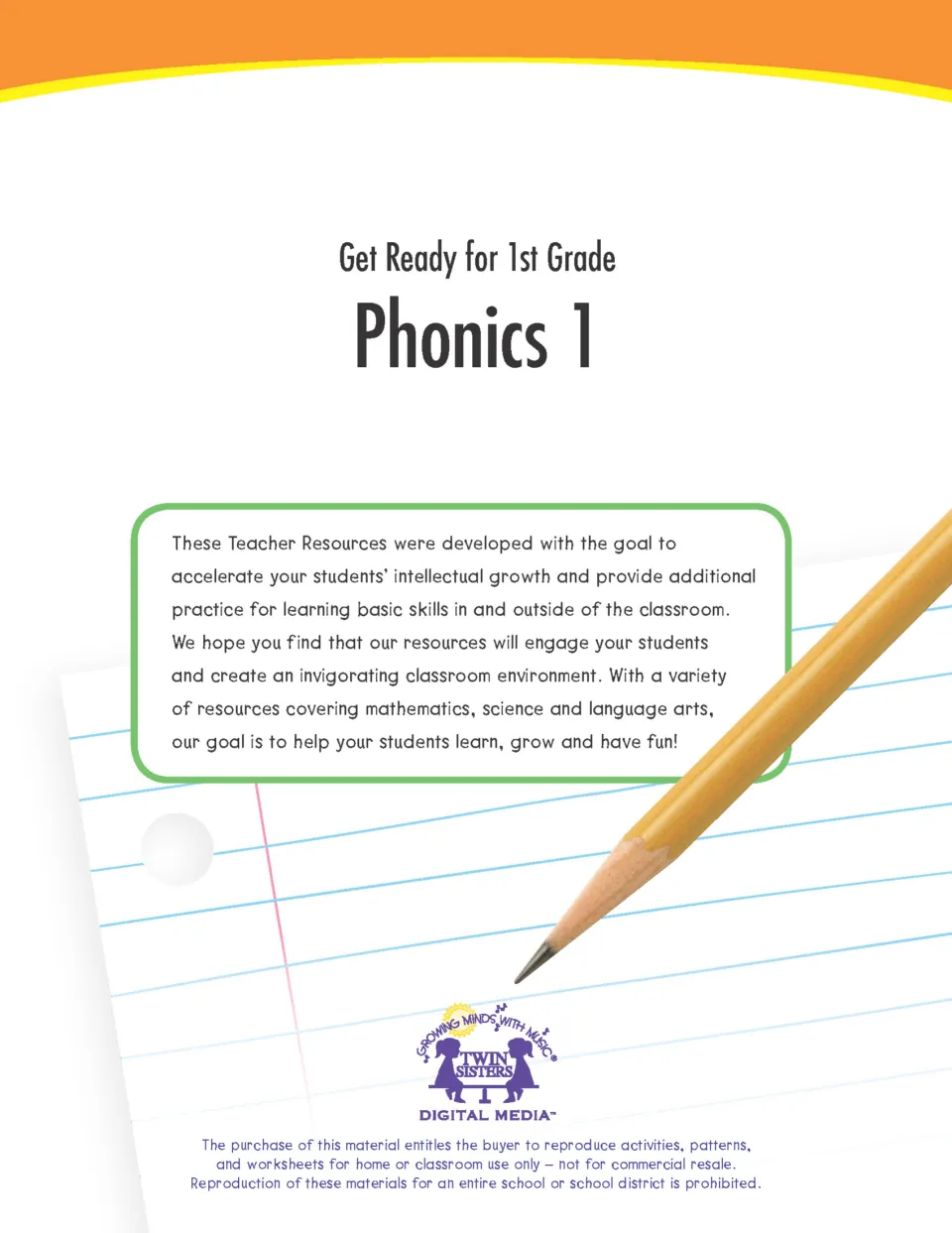 Cover of Get Ready for 1st Grade: Phonics 1, with a teacher resource introduction and reproduction terms