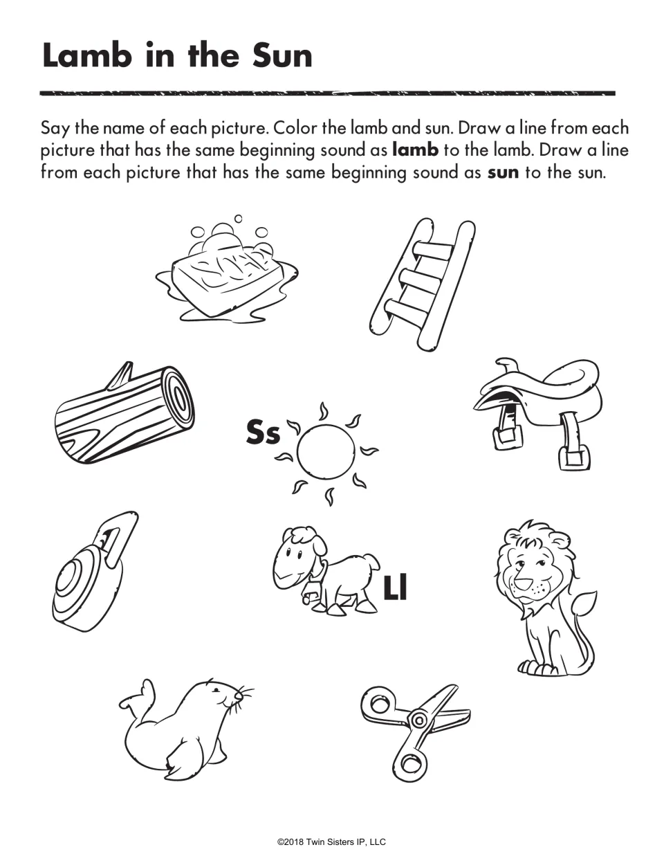 Beginning-sound practice for L and S: match pictures such as ladder, log, soap, and seal to lamb or sun