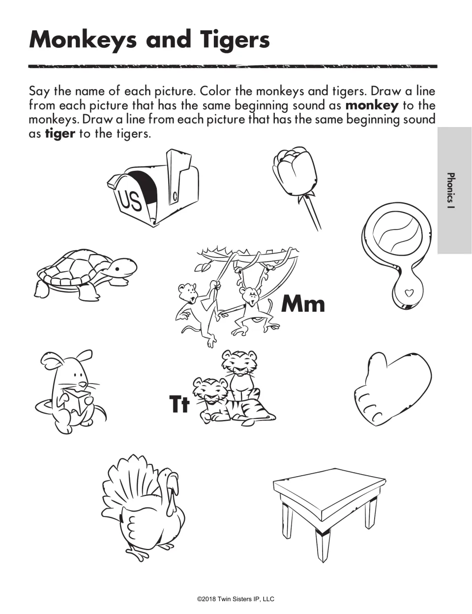 Beginning-sound practice for M and T: match mailbox, mirror, turtle, and other pictures to monkey or tiger
