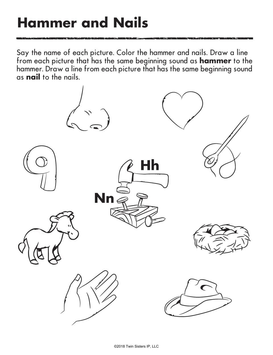 Beginning-sound practice for H and N: match nose, heart, needle, and other pictures to hammer or nail