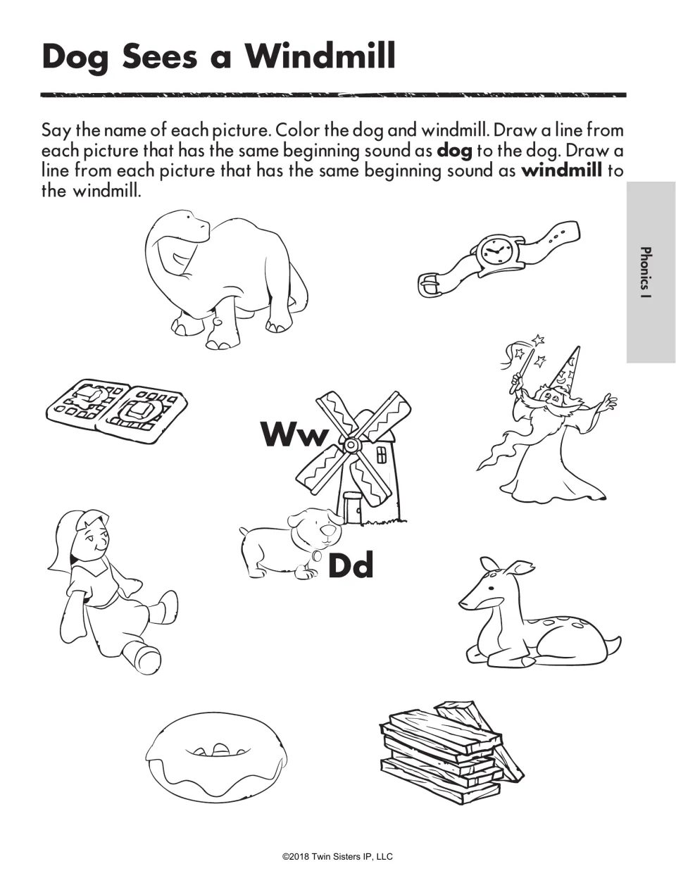 Beginning-sound practice for D and W: match dinosaur, watch, doll, and other pictures to dog or windmill
