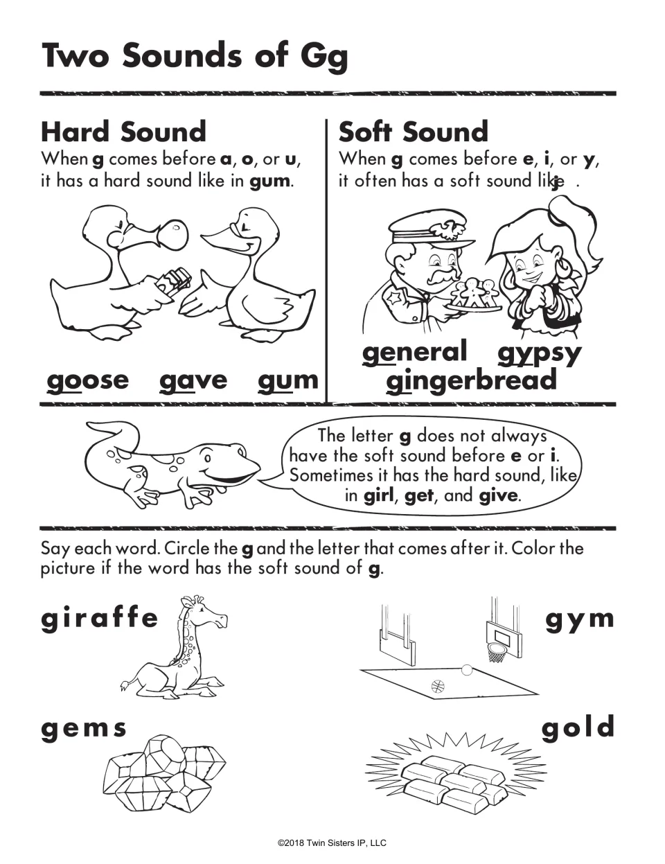 Hard and soft G lesson with exceptions and practice using giraffe, gym, gems, and gold to identify sounds