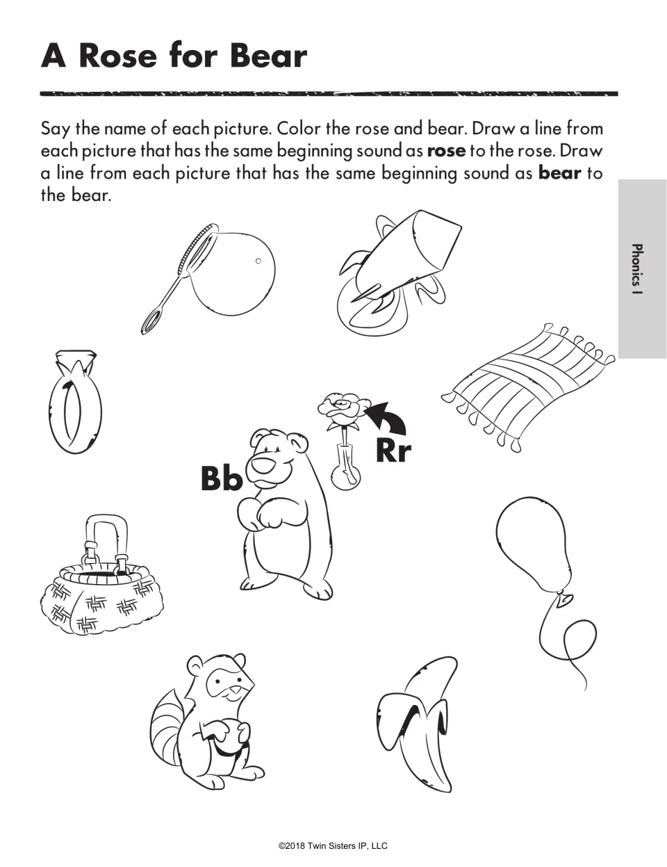 Beginning-sound practice for R and B: match ring, rocket, basket, and other pictures to rose or bear