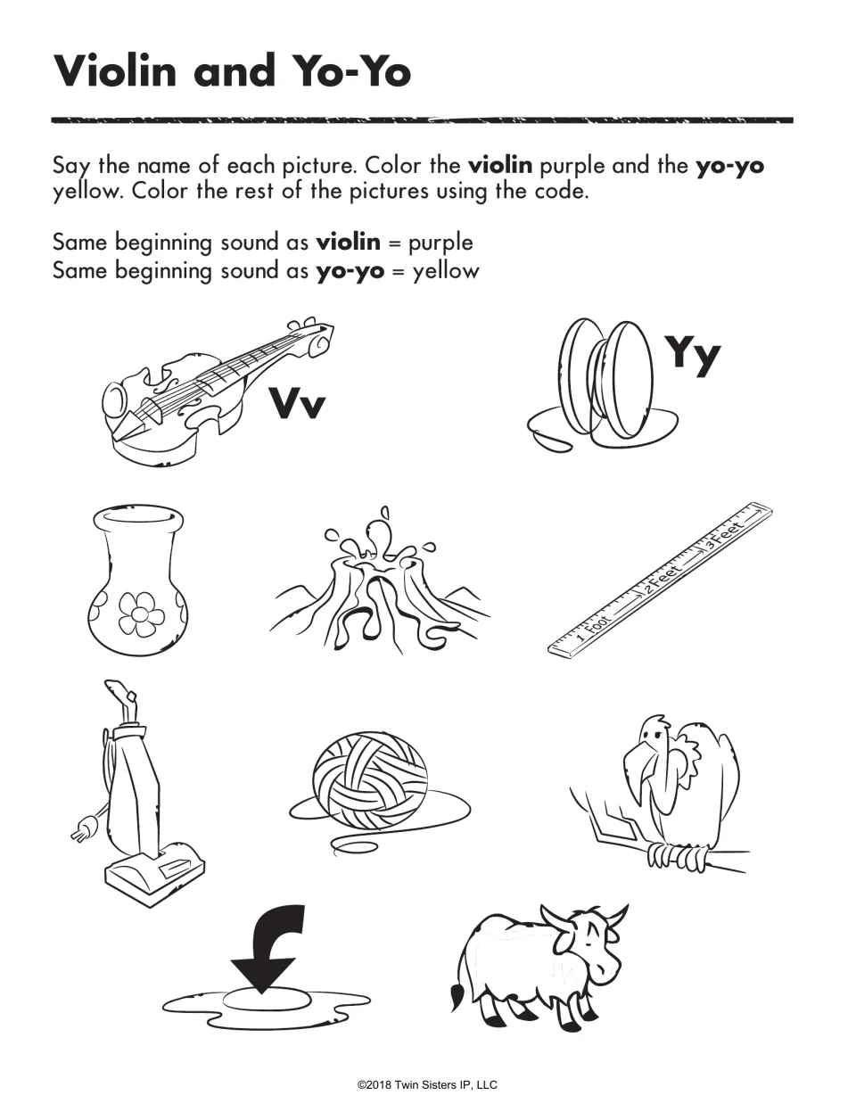 Beginning-sound coloring practice for V and Y: color violin-sound pictures purple and yo-yo-sound pictures yellow