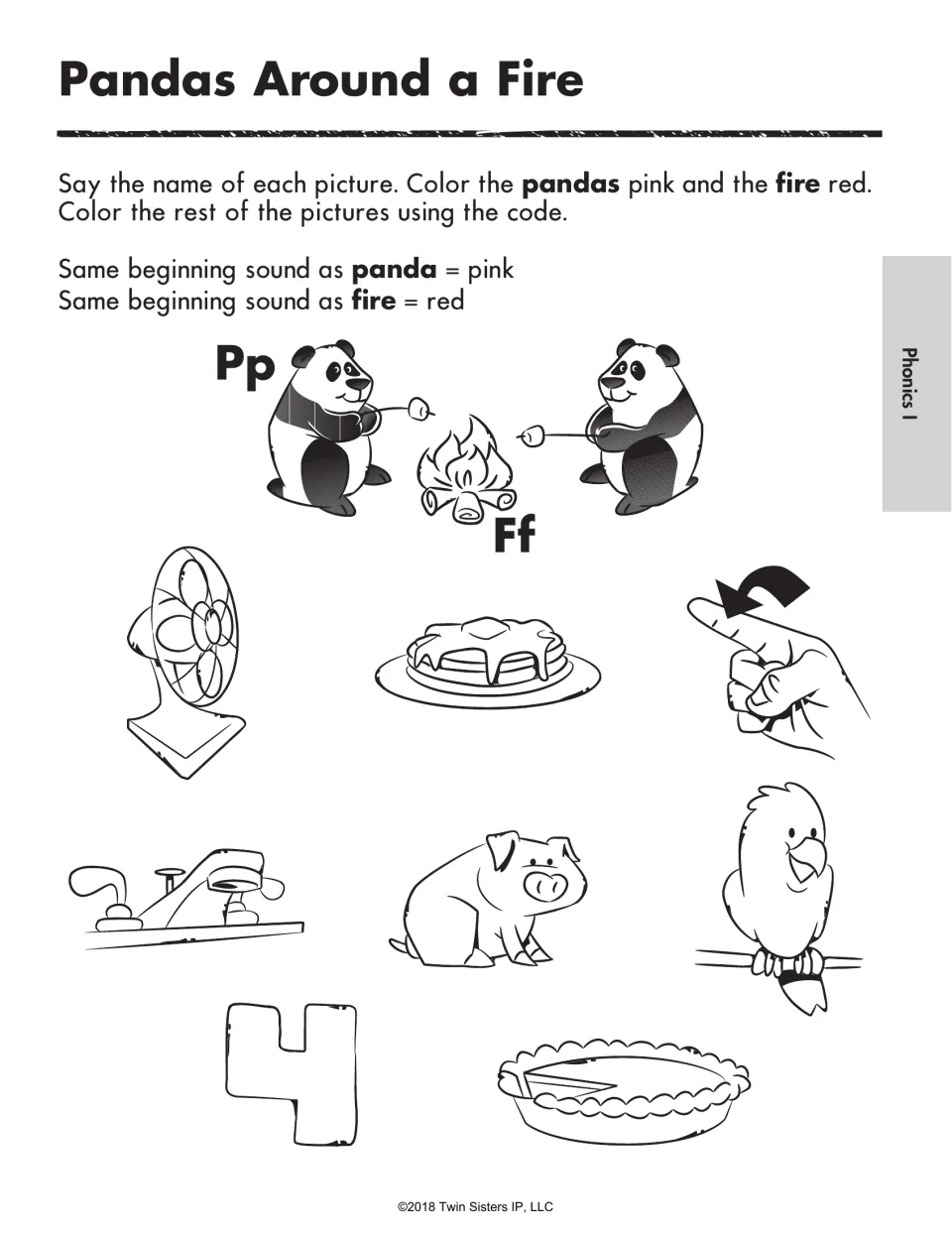 Beginning-sound coloring practice for P and F: color panda-sound pictures pink and fire-sound pictures red