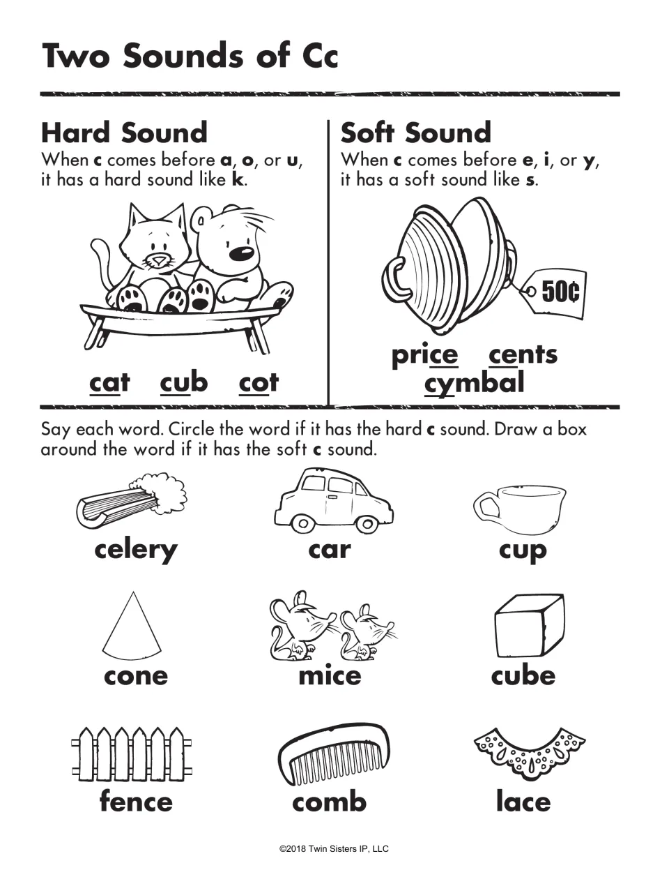 Hard and soft C lesson with nine practice words, including celery, car, cup, mice, fence, comb, and lace