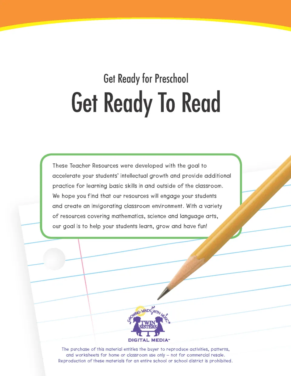 Cover of Get Ready To Read, a preschool workbook, with an introduction to the teacher resources