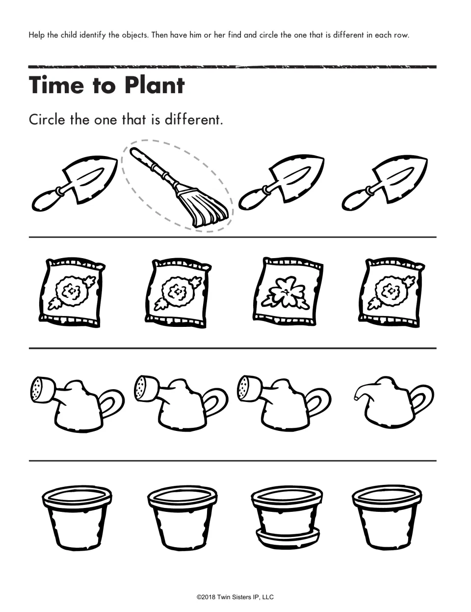Time to Plant differences activity asks children to compare garden tools, seed packets, watering cans, and pots