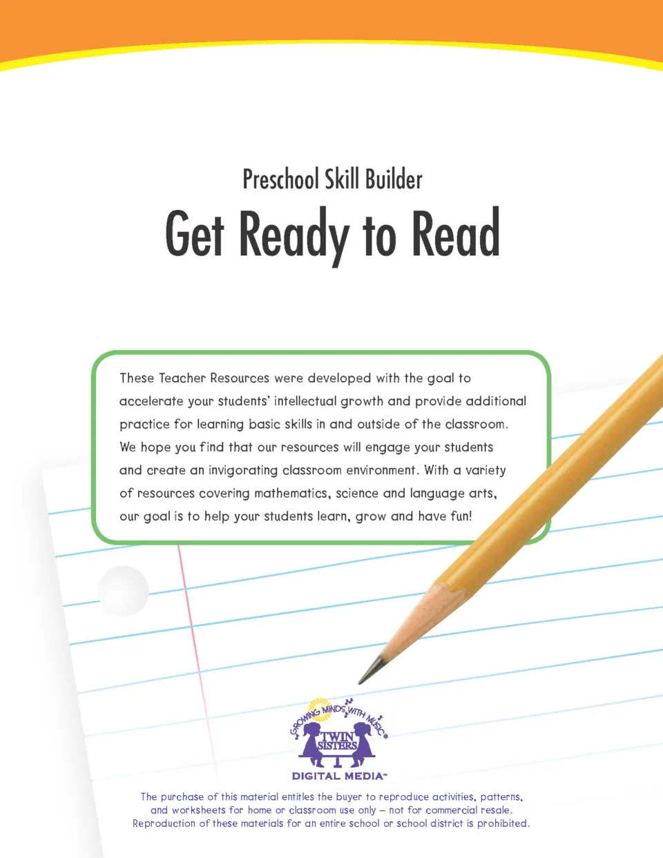 Cover of Get Ready to Read, a Twin Sisters Preschool Skill Builder, with a note to teachers and classroom-use terms