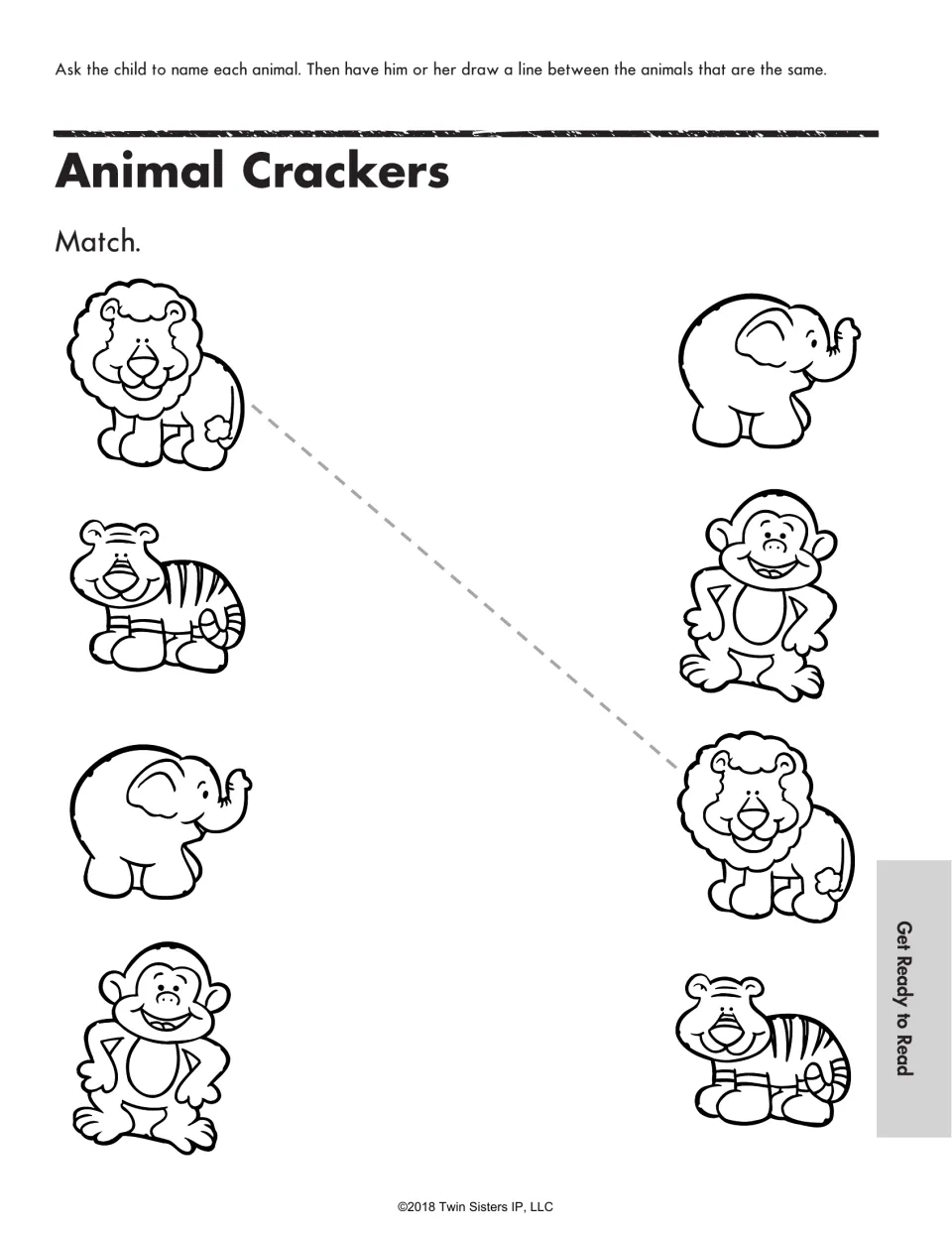 Animal Crackers visual matching: children name a lion, tiger, elephant and monkey, then draw lines to join matching pairs