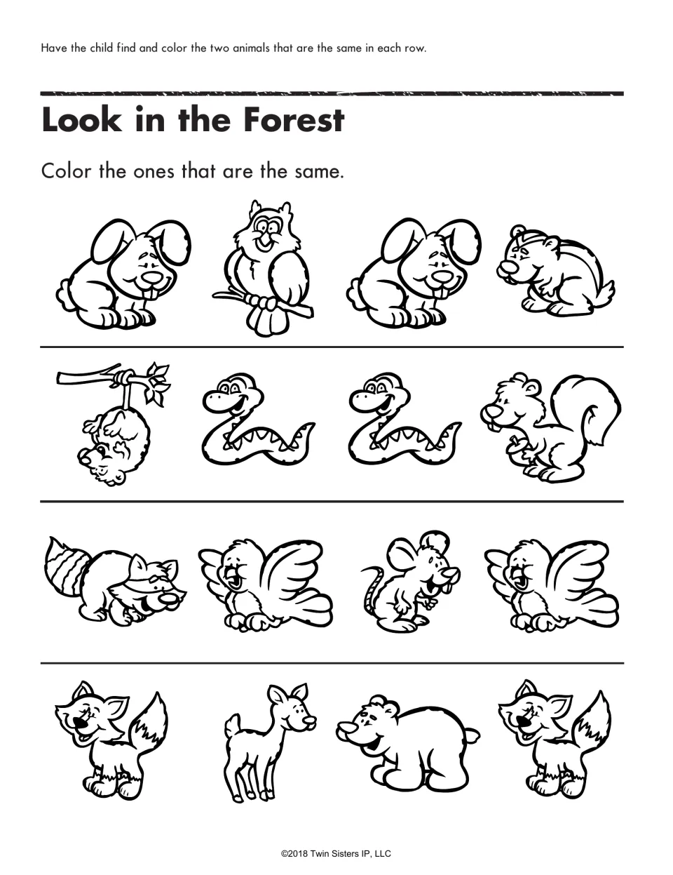 Look in the Forest: children find and color the two identical animals in each row, such as bunnies, snakes, birds and foxes