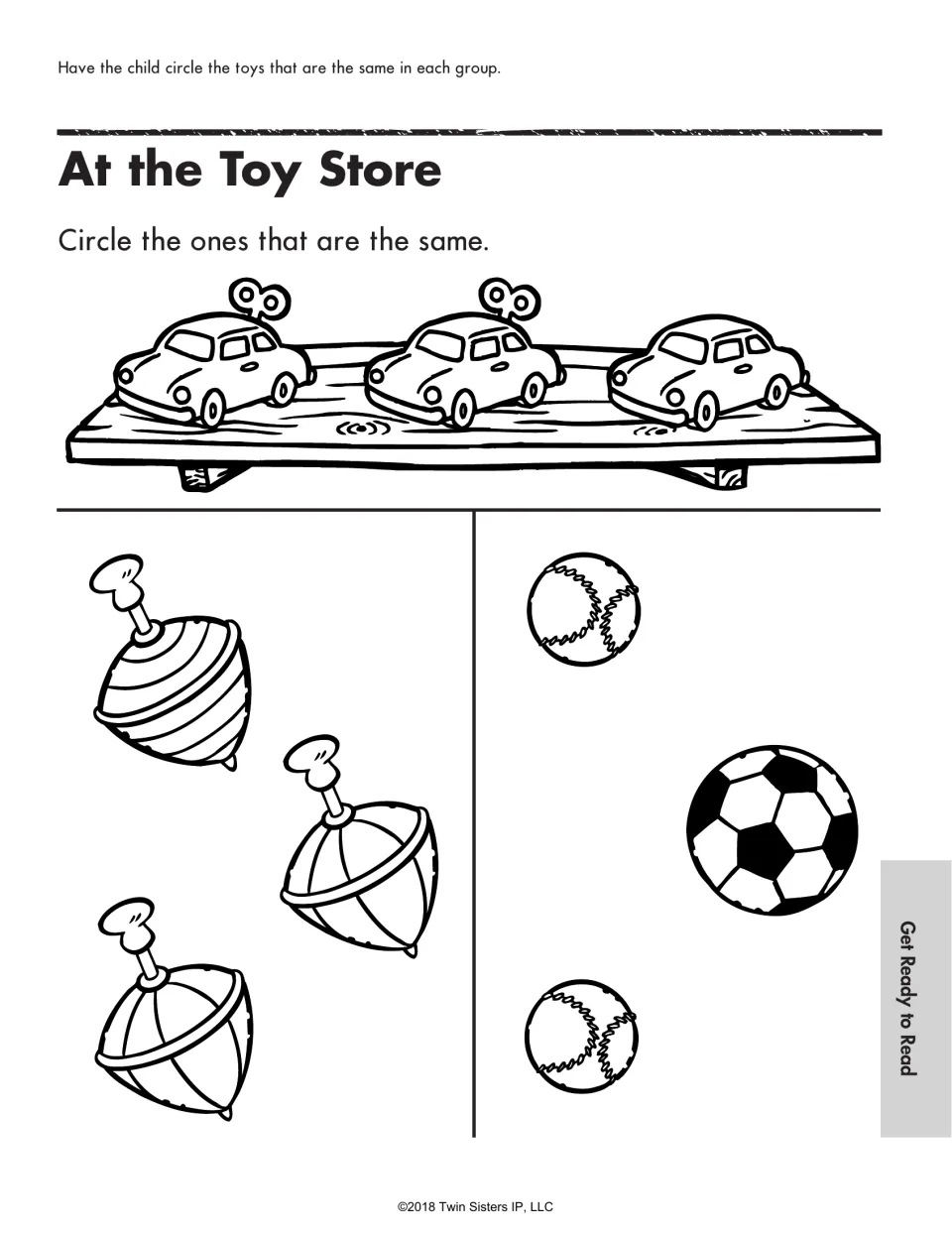 At the Toy Store visual discrimination: children circle the matching toys among wind-up cars, spinning tops and balls