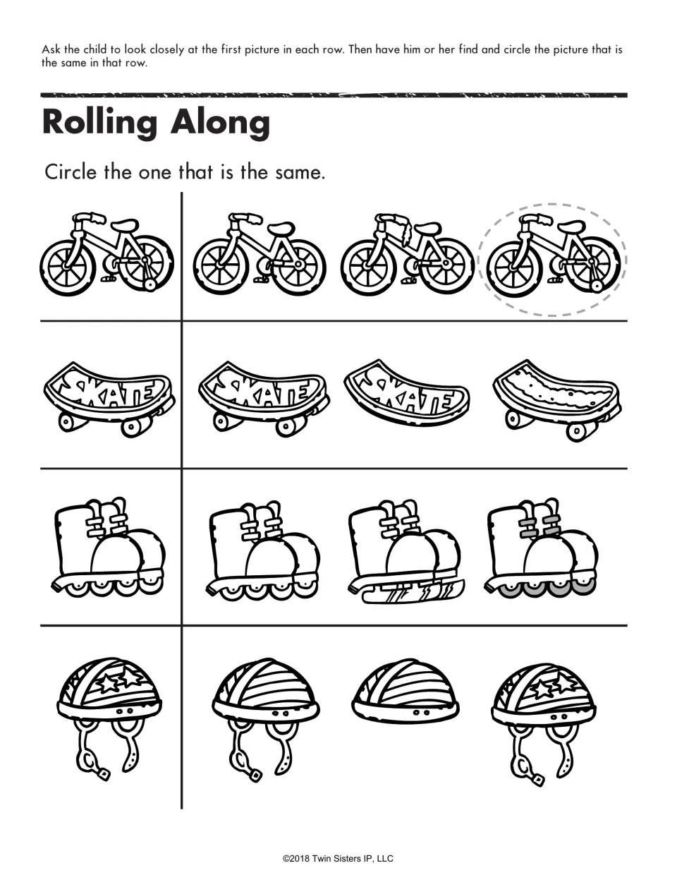 Rolling Along: children compare the first bike, skateboard, skate and helmet in each row and circle the one exactly like it
