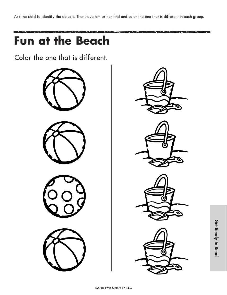 Fun at the Beach odd-one-out: children color the beach ball and the sand pail that differ from the others in each group