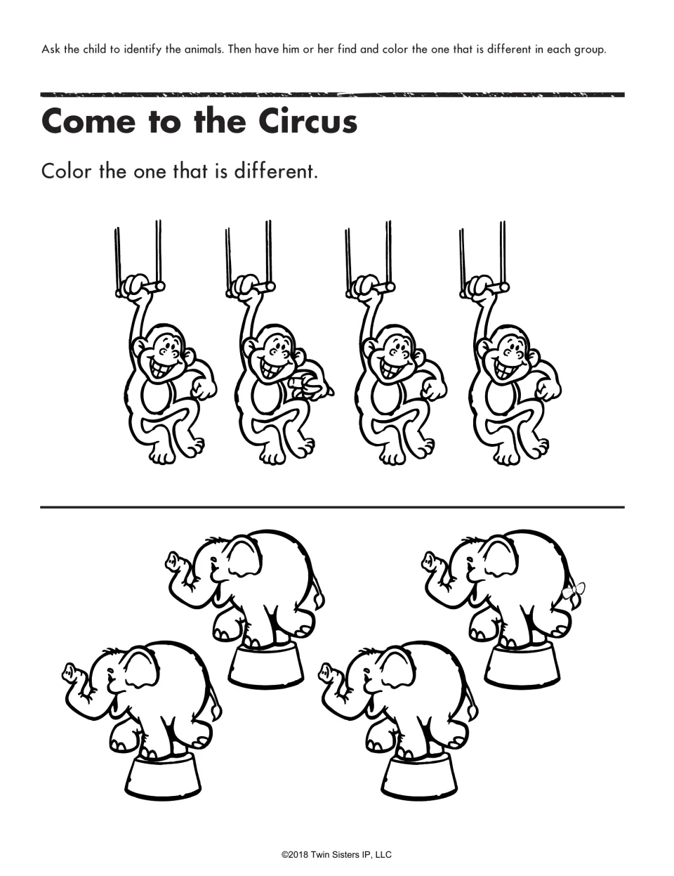 Come to the Circus: children color the monkey and the elephant that look different from the others in each group