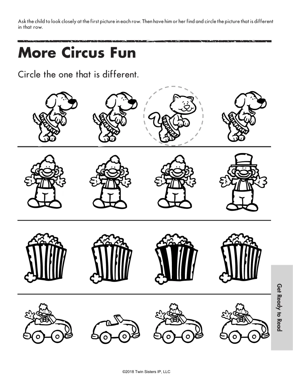 More Circus Fun: children circle the picture that differs in rows of dancing dogs, clowns, popcorn boxes and clown cars