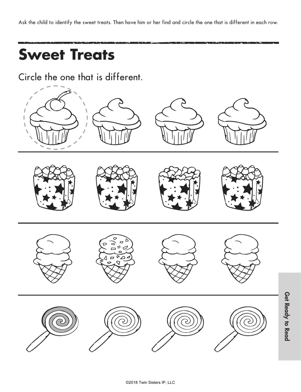 Sweet Treats: children circle the cupcake, candy cup, ice cream cone and lollipop in each row that differs from the others