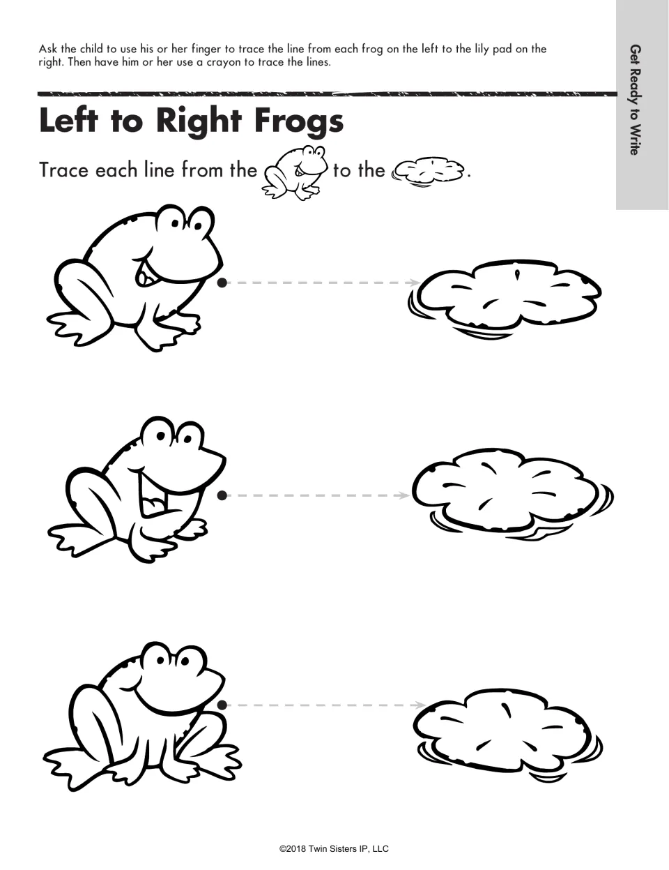 Left to Right Frogs: children trace a dashed line from each of three frogs to a lily pad, practicing left-to-right strokes