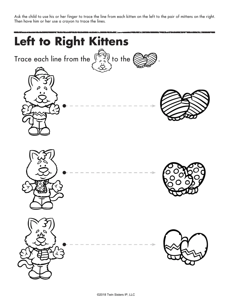 Left to Right Kittens: children trace dashed lines from three kittens in winter clothes to their pairs of mittens