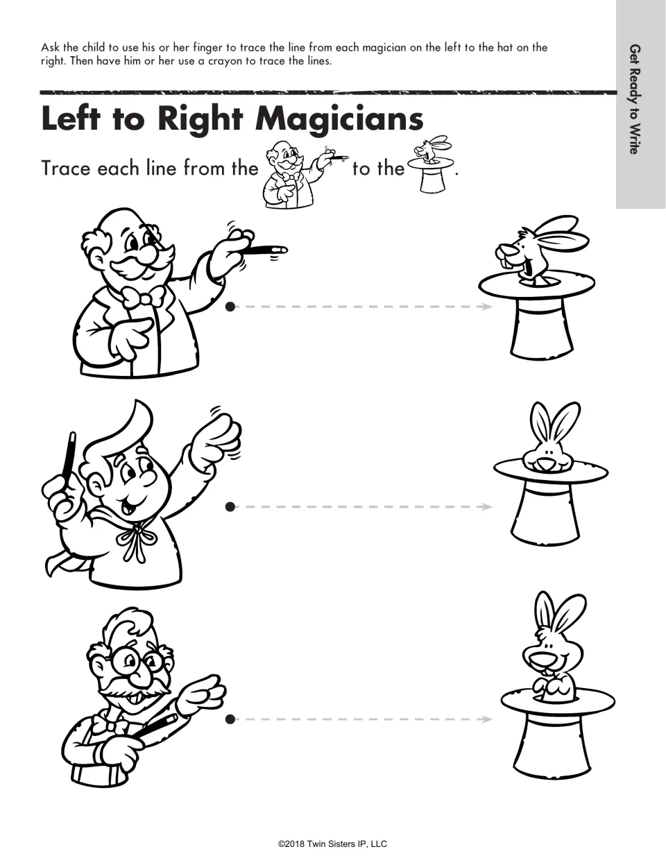 Left to Right Magicians: children trace a dashed line from each of three magicians to a top hat with a rabbit inside