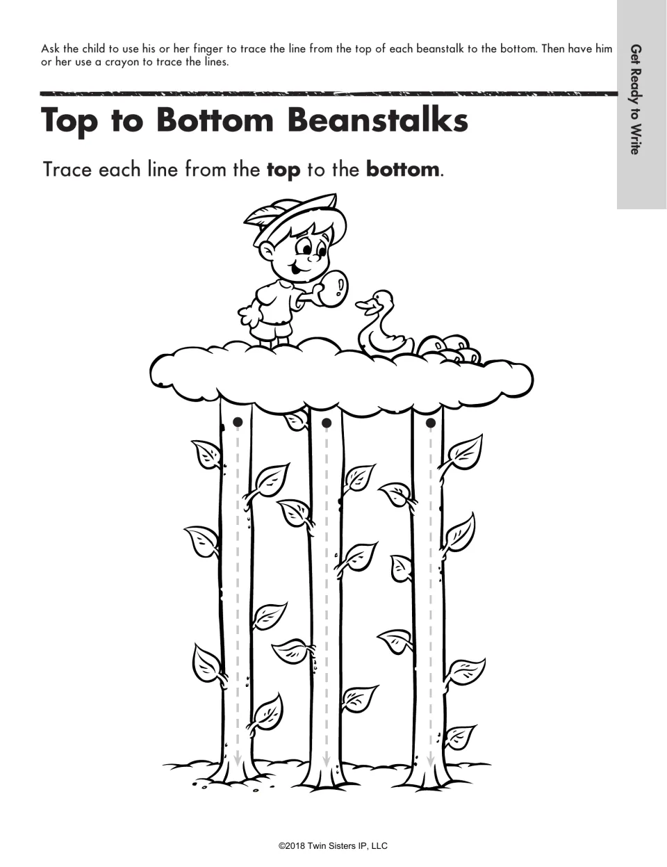 Top to Bottom Beanstalks: children trace dashed lines down three beanstalks below a boy with an egg and a goose on a cloud