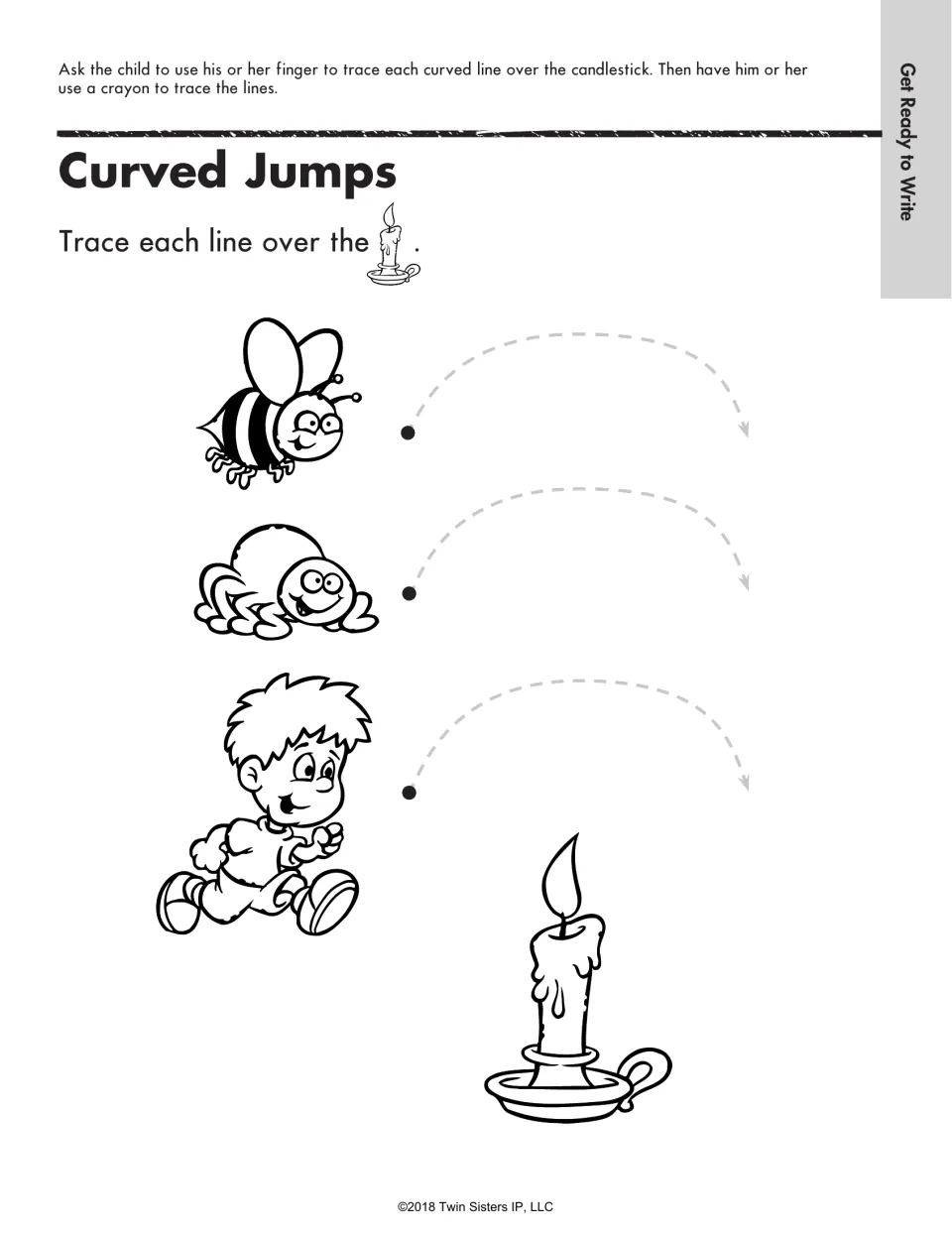 Curved Jumps: children trace arched dashed lines that carry a bee, a spider and a running boy over a candlestick