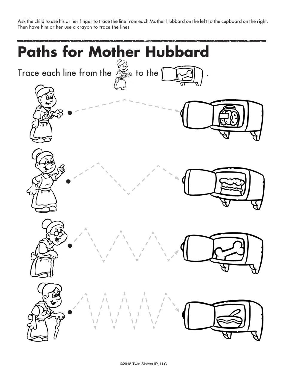 Paths for Mother Hubbard: children trace four paths, from one peak to tight zigzags, from Mother Hubbard to a cupboard