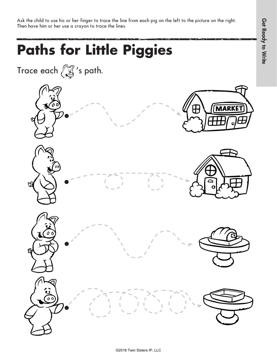 Paths for Little Piggies: children trace wavy and looped paths from four pigs to a market, a house, a roast and an empty dish