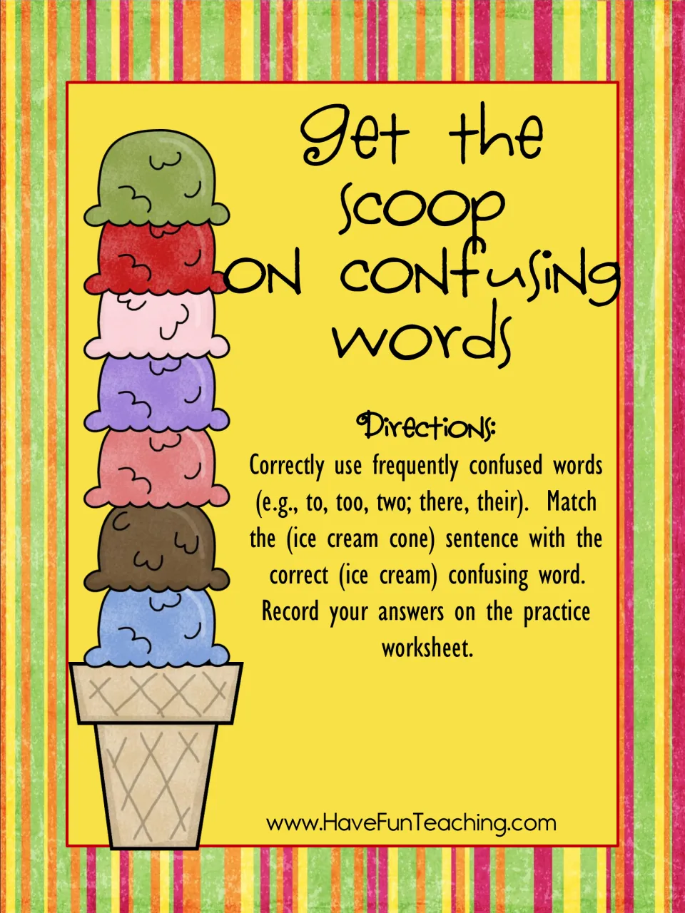 Get the Scoop on Confusing Words cover: match cone sentences to scoops with the right confused word
