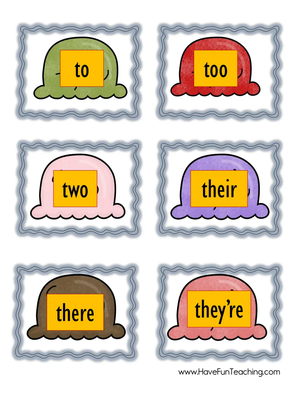 Homophone scoop cards: six ice cream scoops labeled to, too, two, their, there and they're to cut out and match