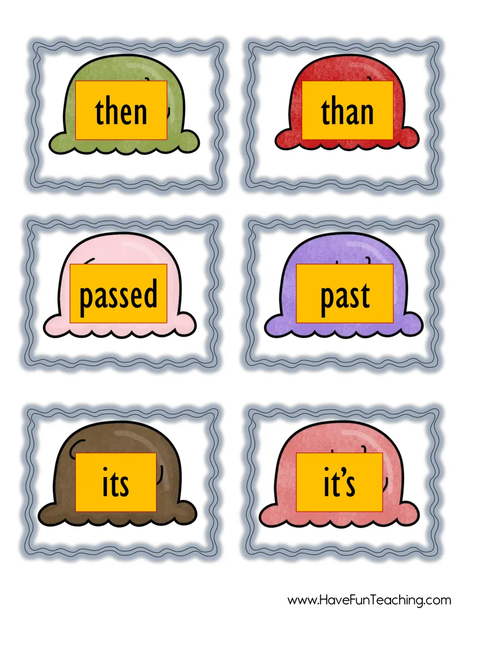 Scoop cards for confused word pairs then and than, passed and past, and its and it's, to cut out and match