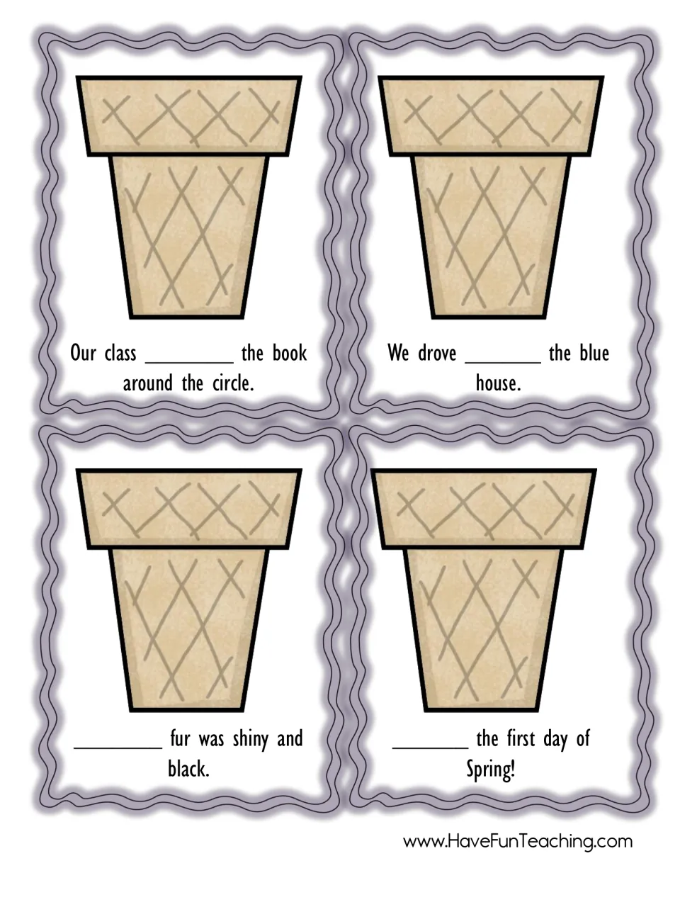 Last cone sentence cards: fill-in sentences like Our class ___ the book and ___ fur was shiny and black