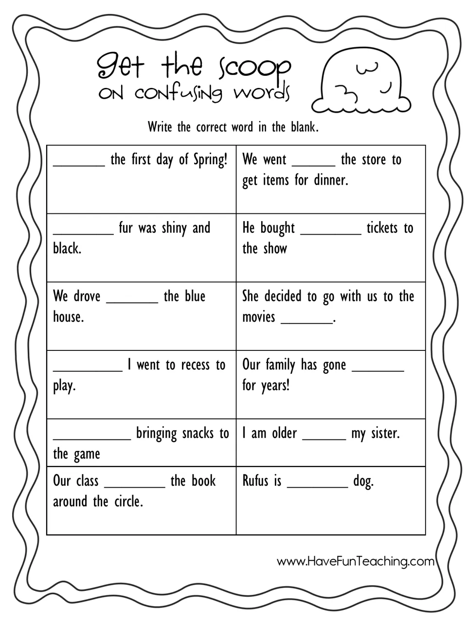Confusing words recording sheet: students write the correct homophone in the blank for 12 sentences from the cone cards