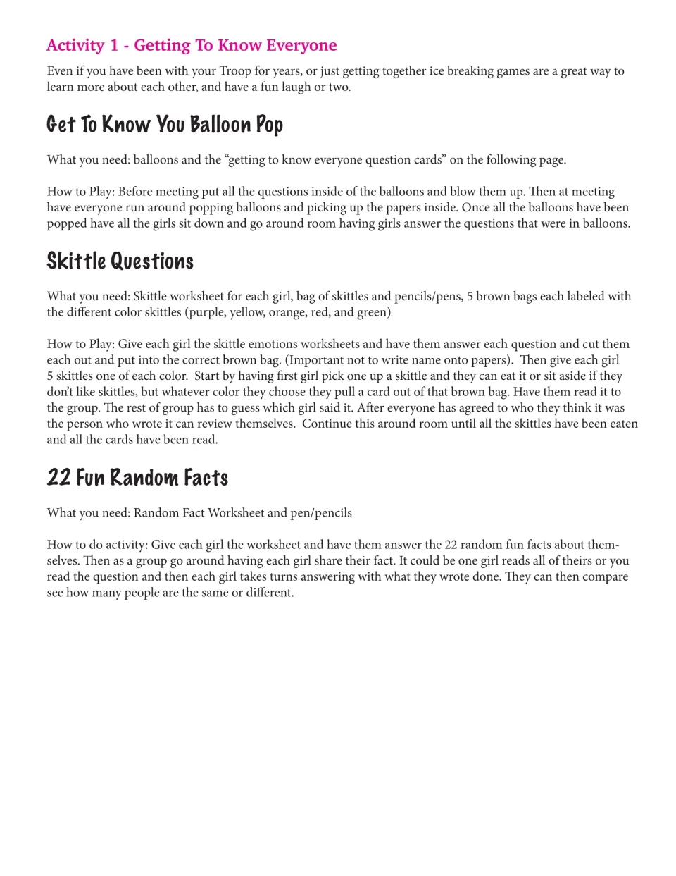 Getting to know everyone: leader directions for Balloon Pop, Skittle Questions and 22 Fun Random Facts icebreaker games