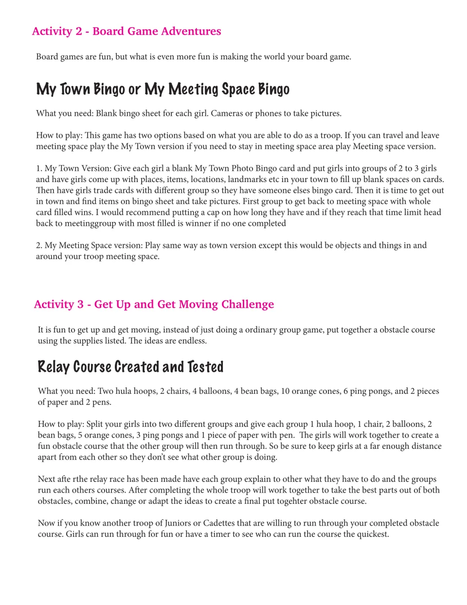 Board game adventures and moving challenge: directions for town or meeting space photo bingo and a team-built relay course