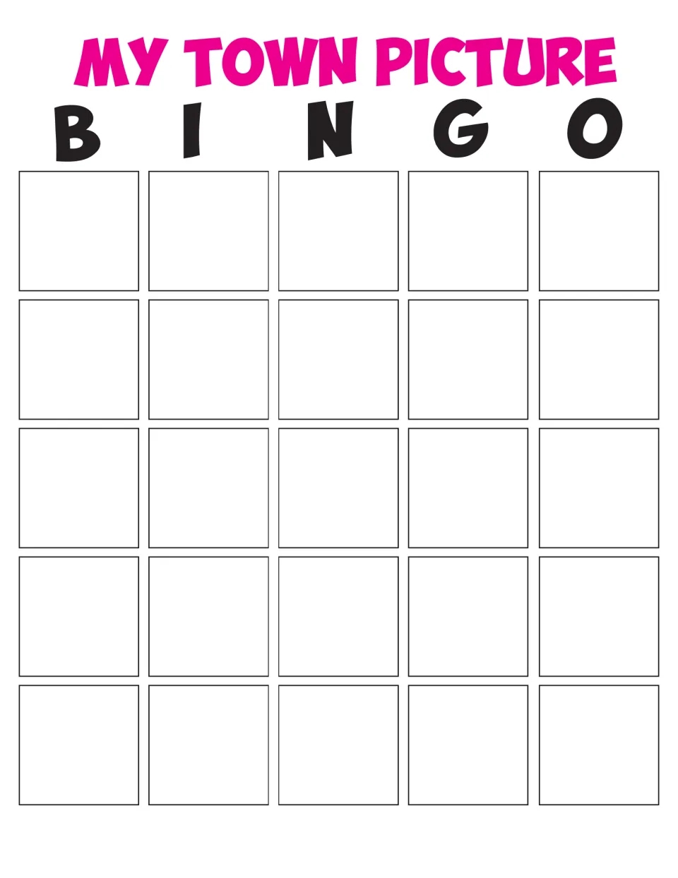 My Town Picture Bingo card: groups list 25 local places or landmarks for another team to find and photograph around town