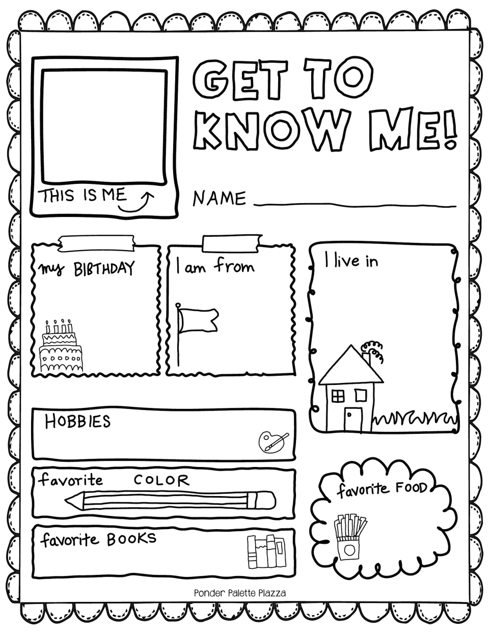 Get To Know Me form: students add a picture of themselves and write their name, birthday, home, hobbies and favorites