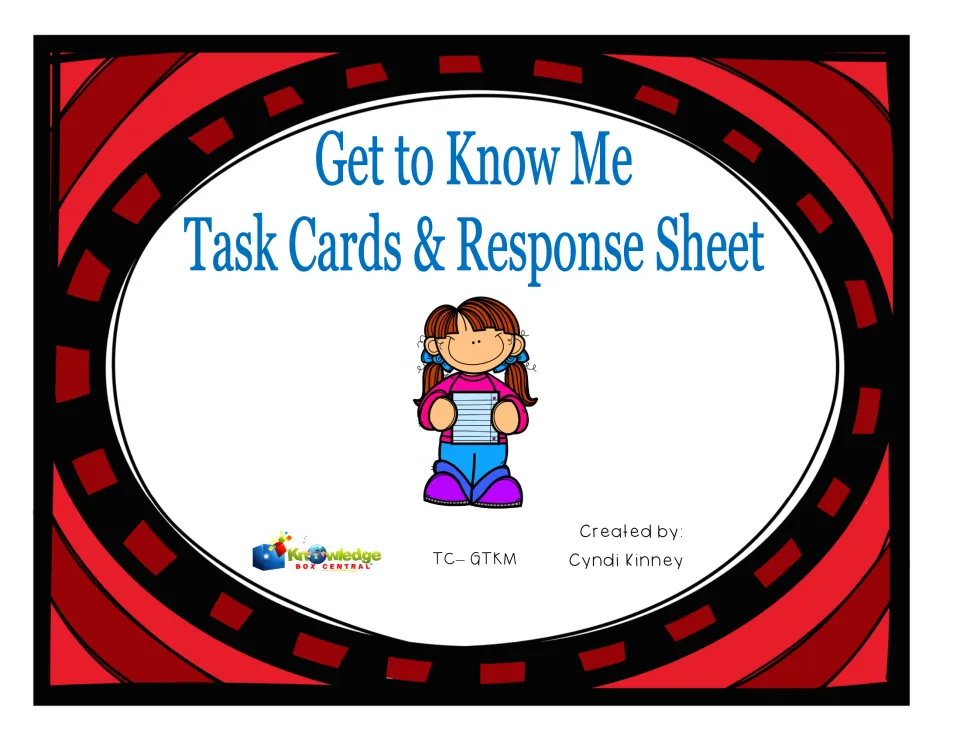 Cover: Get to Know Me Task Cards & Response Sheet by Cyndi Kinney, showing a smiling girl holding a lined sheet of paper