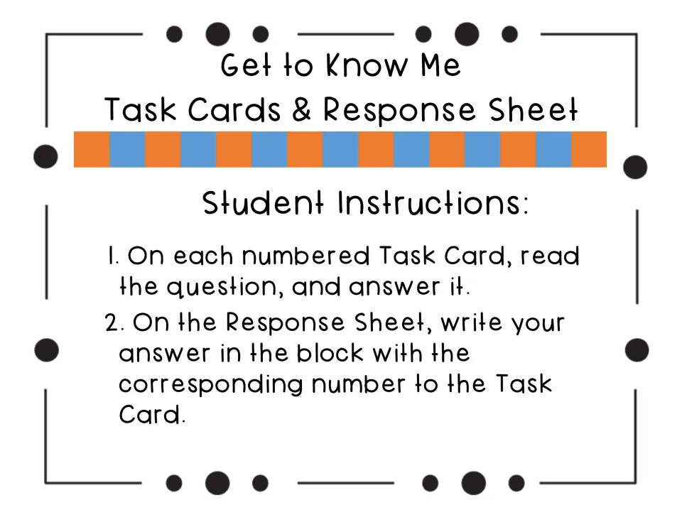 Student instructions: read the question on each numbered card, answer it, and write it in the matching numbered block