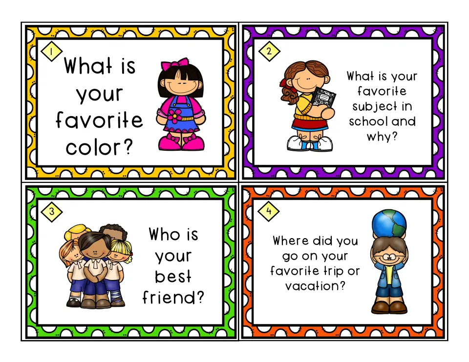 Task cards 1 to 4 ask students their favorite color, favorite school subject and why, best friend, and favorite trip