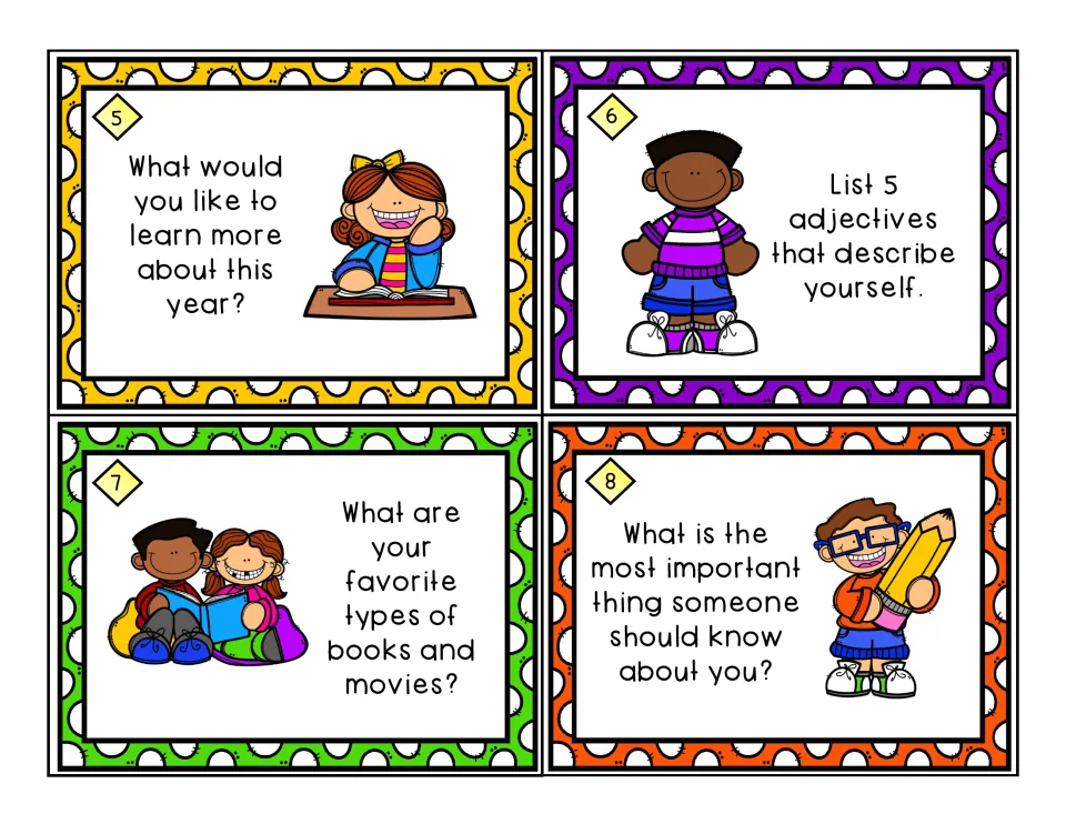 Task cards 5-8: what to learn this year, list 5 adjectives about yourself, favorite books and movies, most important thing