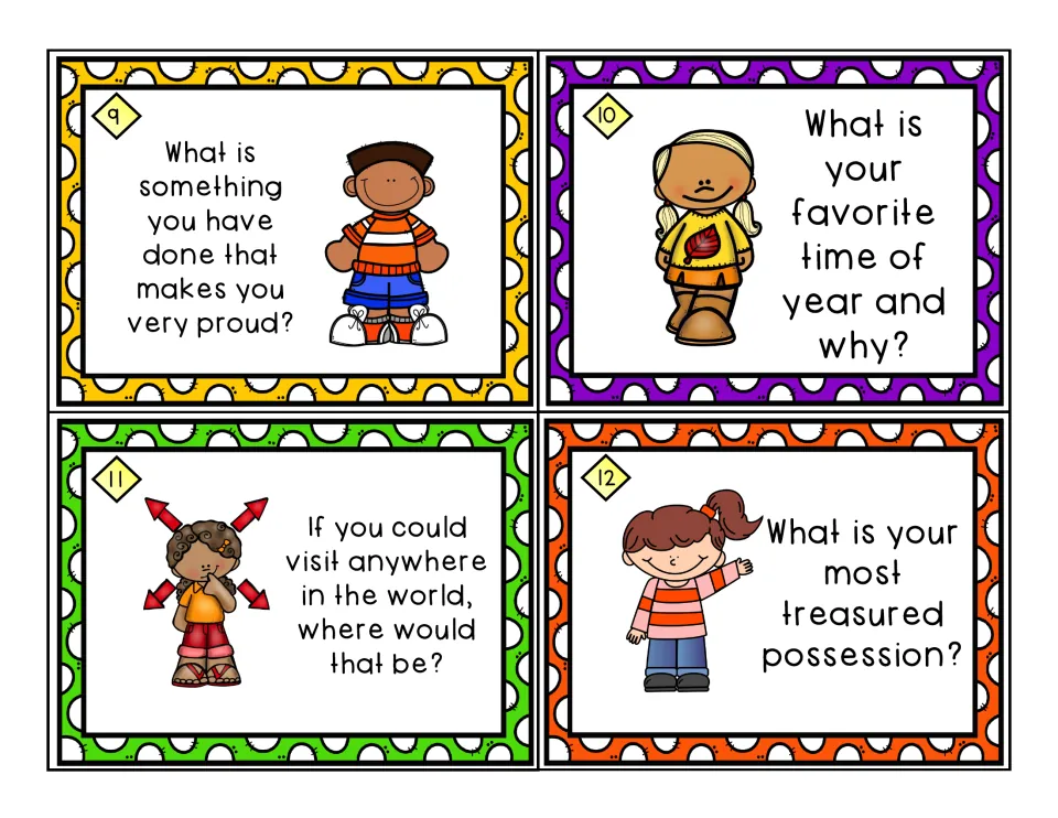 Task cards 9-12 ask what makes students proud, favorite time of year, dream place to visit, most treasured possession
