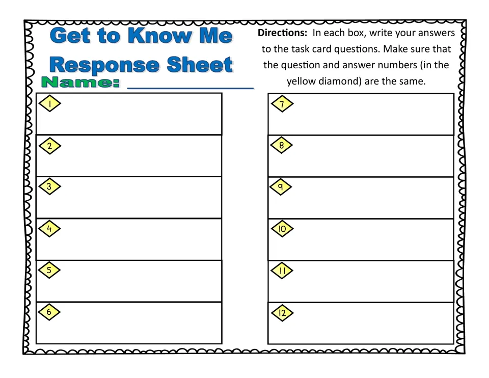 Response sheet: students write their name and their answers to the 12 questions in matching numbered spaces