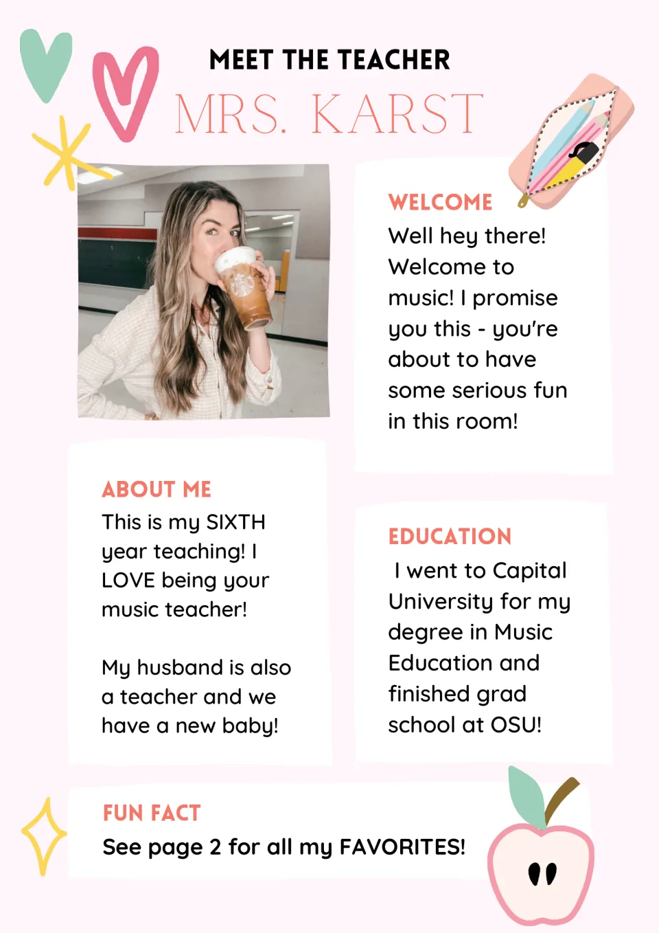 Meet the Teacher sample for a music teacher with Welcome, About Me, Education and Fun Fact sections plus a photo