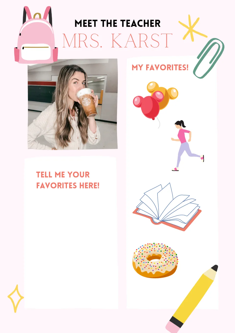 Teacher favorites page shown as balloons, running, a book and a donut, with a space for students to share their favorites