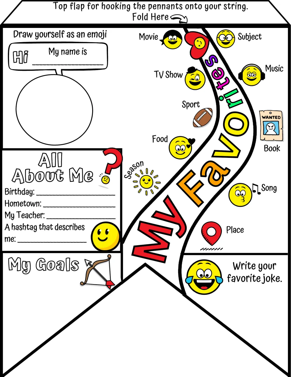 All About Me pennant with My Goals: students draw an emoji self, list favorites like season, set goals and add a joke