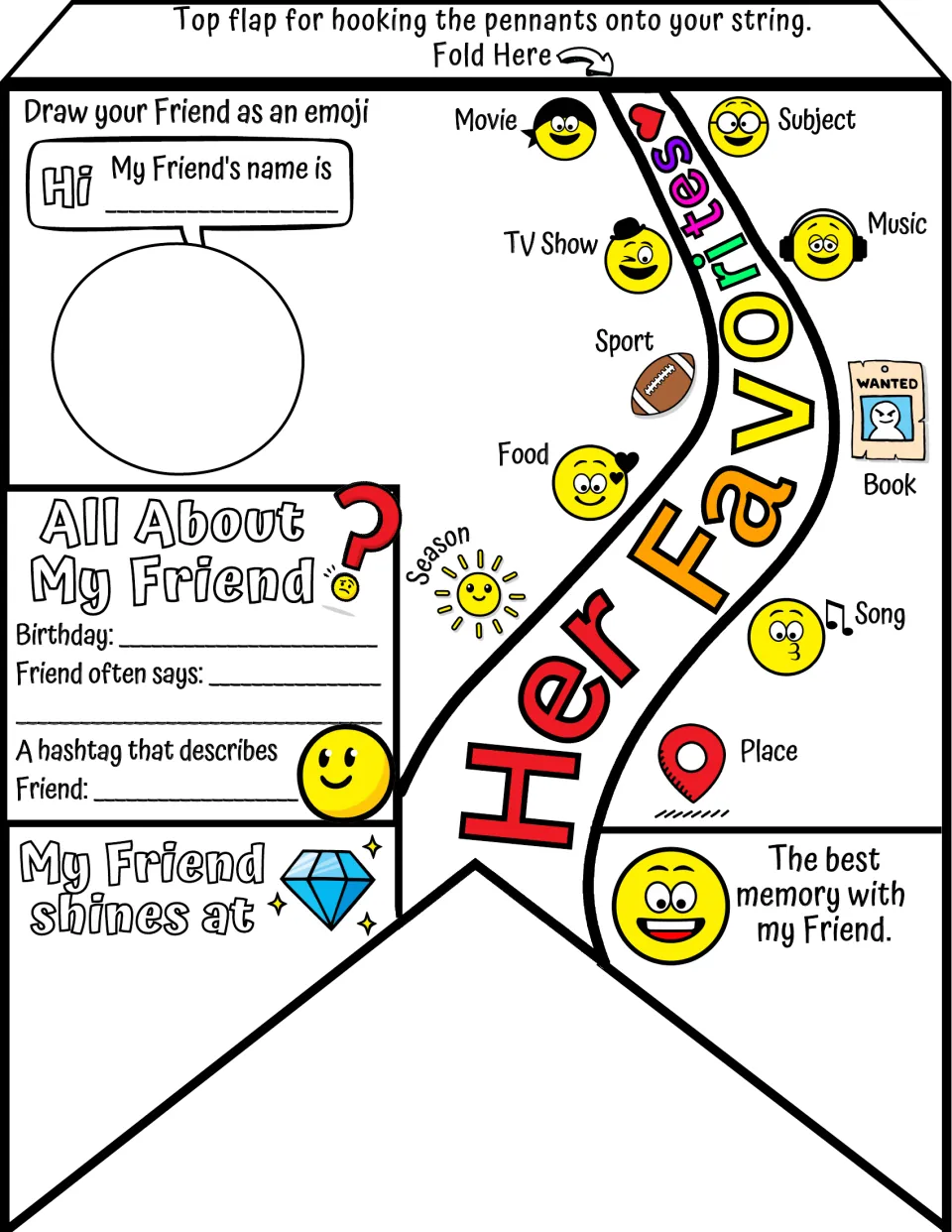 All About My Friend pennant (Her Favorites): students draw a friend as an emoji, record her sayings and favorites