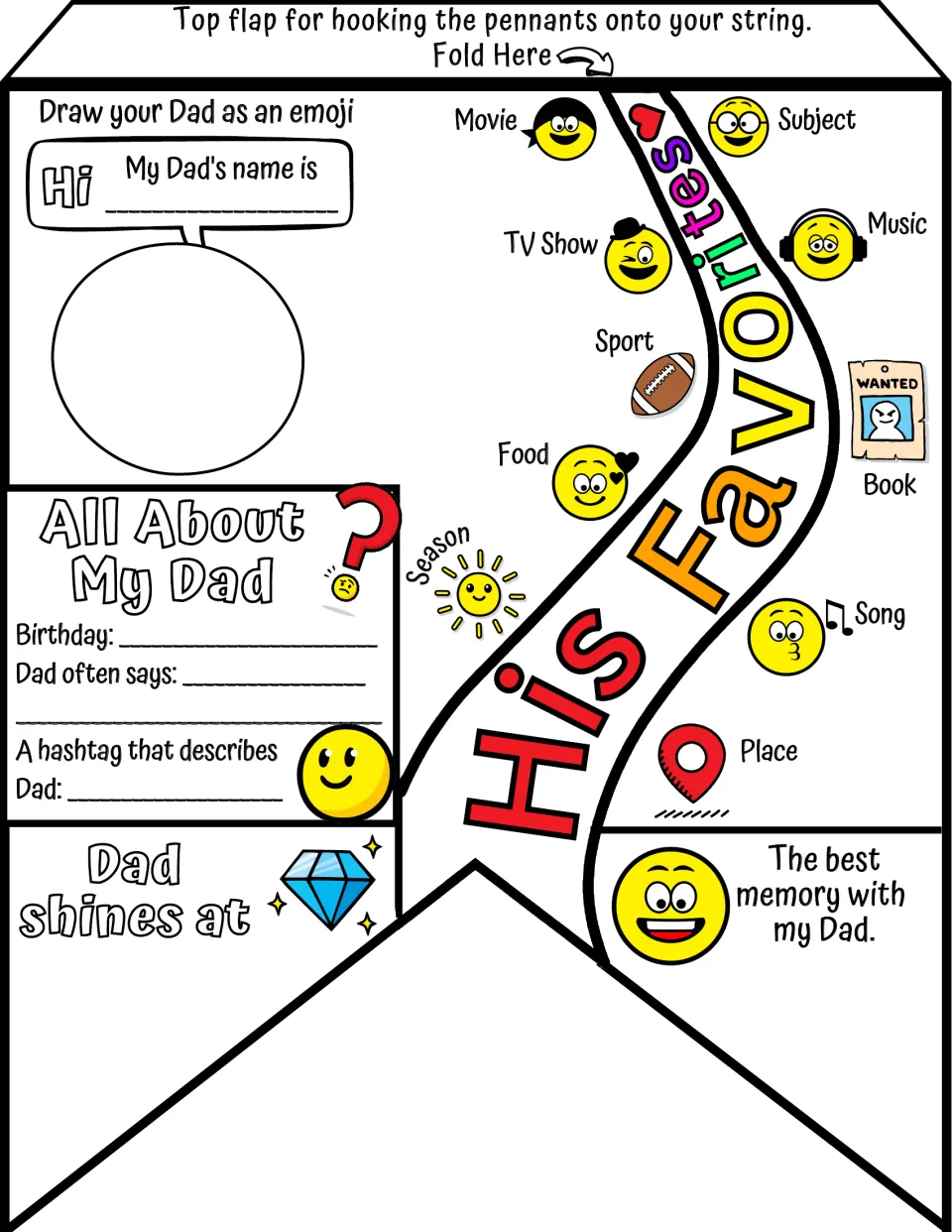 All About My Dad pennant: students draw Dad as an emoji, write his sayings, favorites, where he shines and a memory
