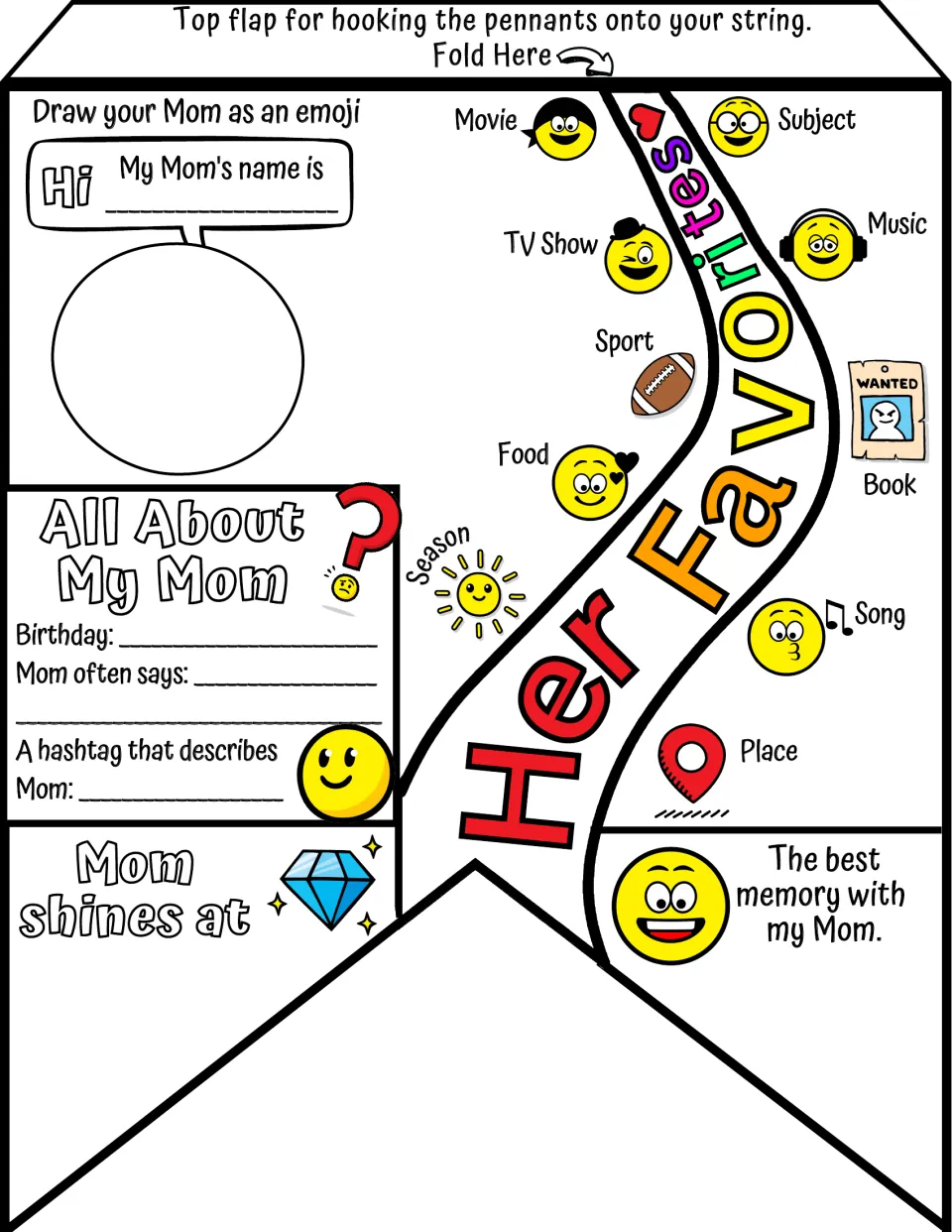 All About My Mom pennant: students draw Mom as an emoji, list her sayings, favorites, where she shines and a best memory