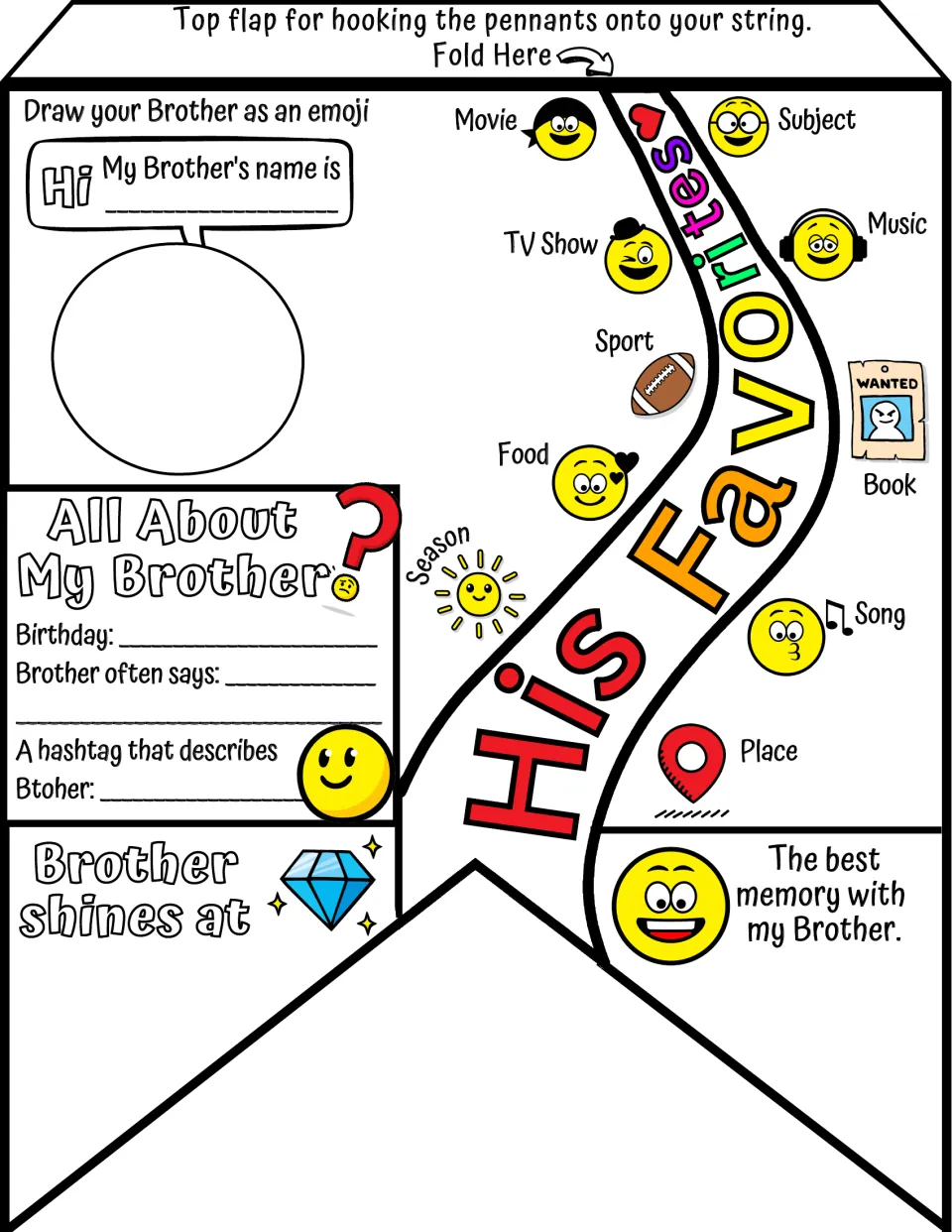 All About My Brother pennant: students draw a brother as an emoji and write his hashtag, favorites and a shared memory